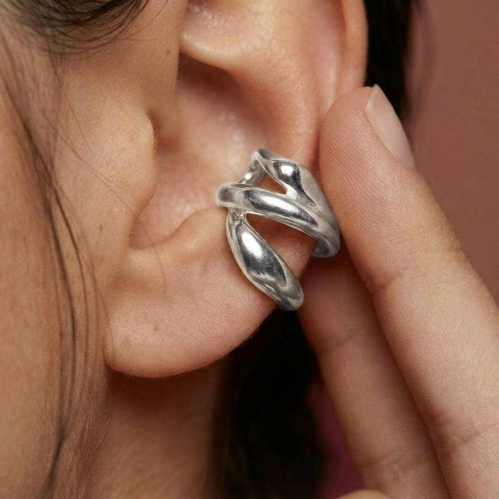 Ear Cuff No Piercing Silver Sculptural Triple Band Brass Silver Plated Statement Gift