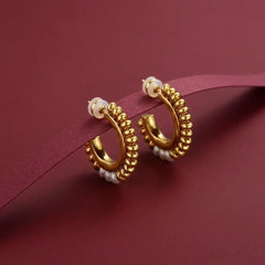 Hoop Earrings Gold Beaded Chunky C-Shape Pearl Accent Statement Gift for Her