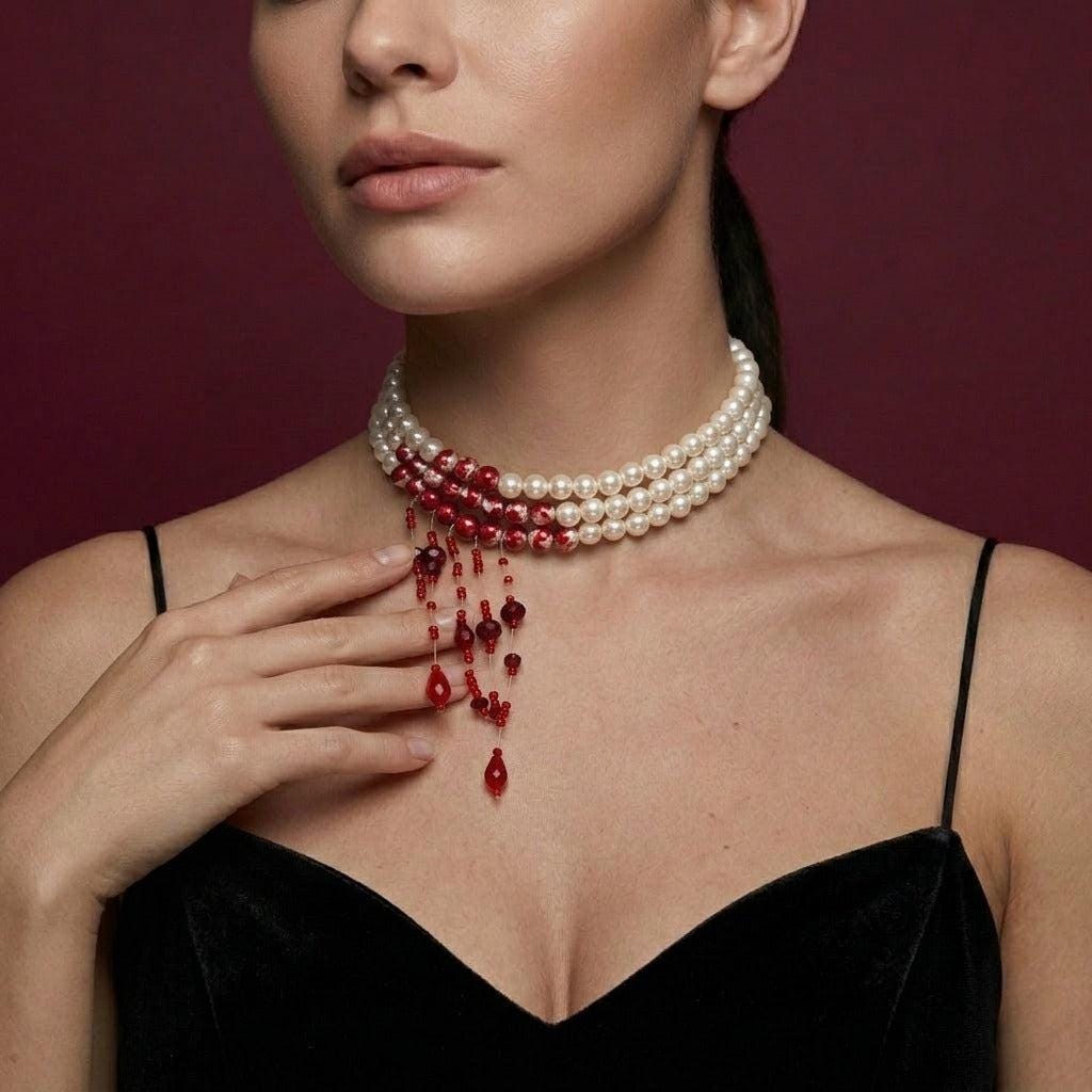 Pearl Necklace Three Strand Red Fringe Bohemian Statement Bridal Wedding Gift for Her