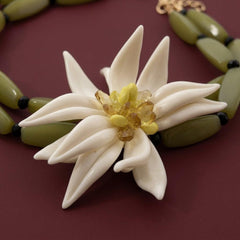 Choker Necklace Olive Green Beaded White Flower Statement Bohemian Brass Gold Plated Gift