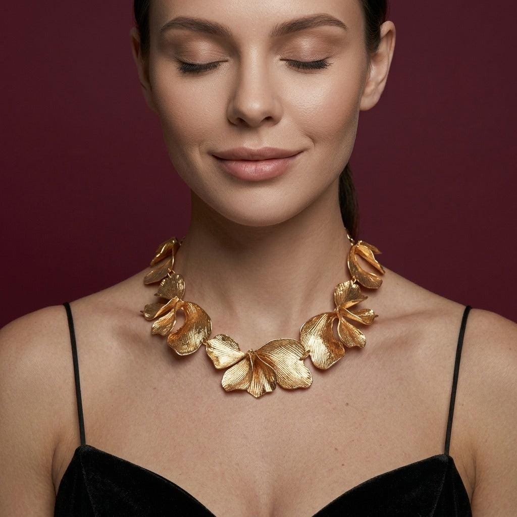 Statement Necklace Gold Ginkgo Leaf Botanical Bib Collar Gold Plated Nature Gift