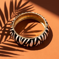 Zebra Print Bangle Bracelet, Bold Black White Enamel Statement Cuff with Gold-Tone Hinged Closure