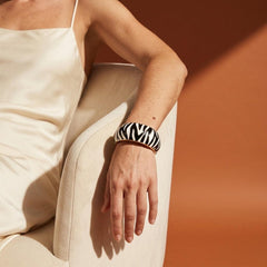 Zebra Print Bangle Bracelet, Bold Black White Enamel Statement Cuff with Gold-Tone Hinged Closure