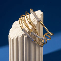 Gold Bamboo Bangle Stack — Set of 4 Pavé Crystal Bracelets, Textured Cuff for Her
