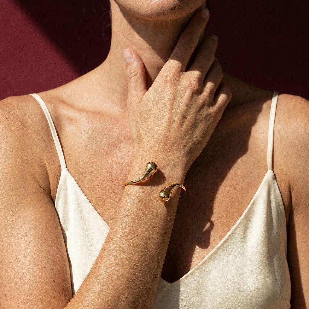 Gold Teardrop Cuff Bracelet — Sculptural Open Bangle, Minimalist Modern Jewelry for Her