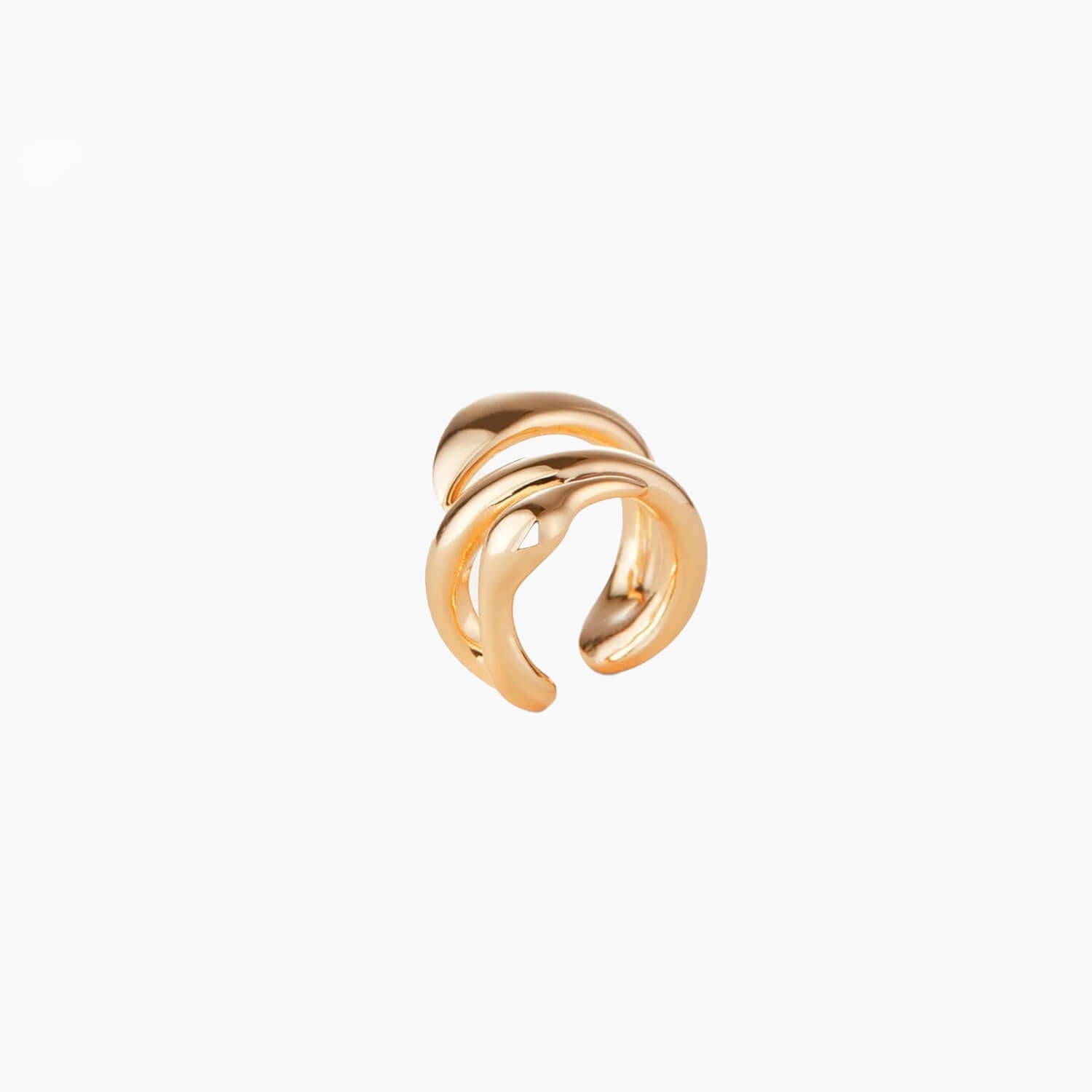 Earcuff Flow, a gold-plated brass ear cuff with a sculptural design mimicking flowing metal, ideal for stylish ear adornment.